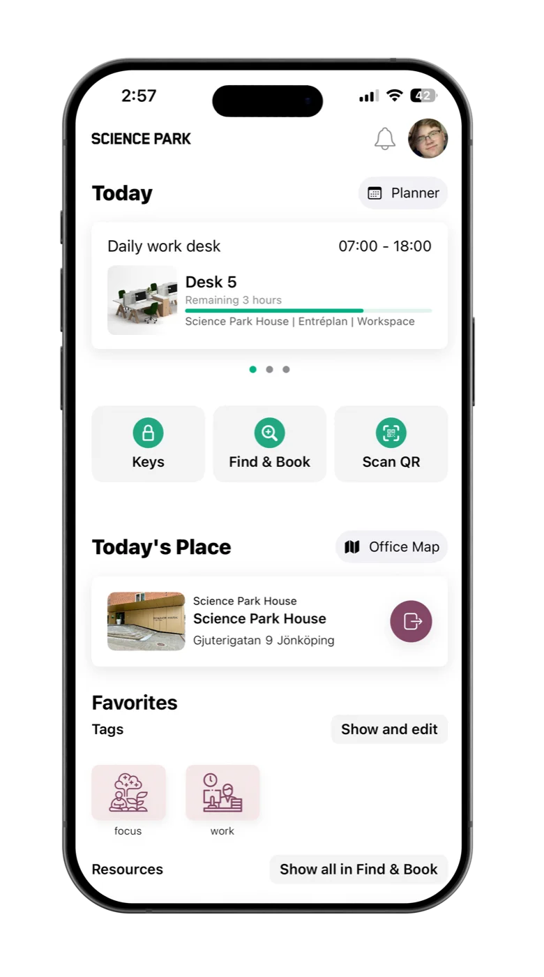 The Awaio app showing a booked desk at Science Park House