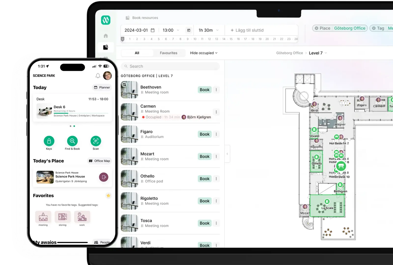 Awaio interactive floor plan with space allocation by zone