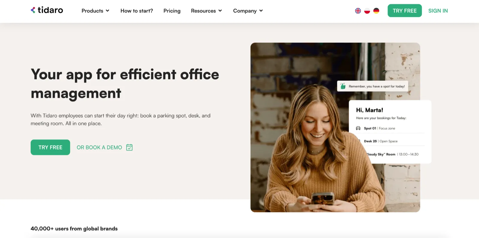 Tidaro parking and desk booking platform
