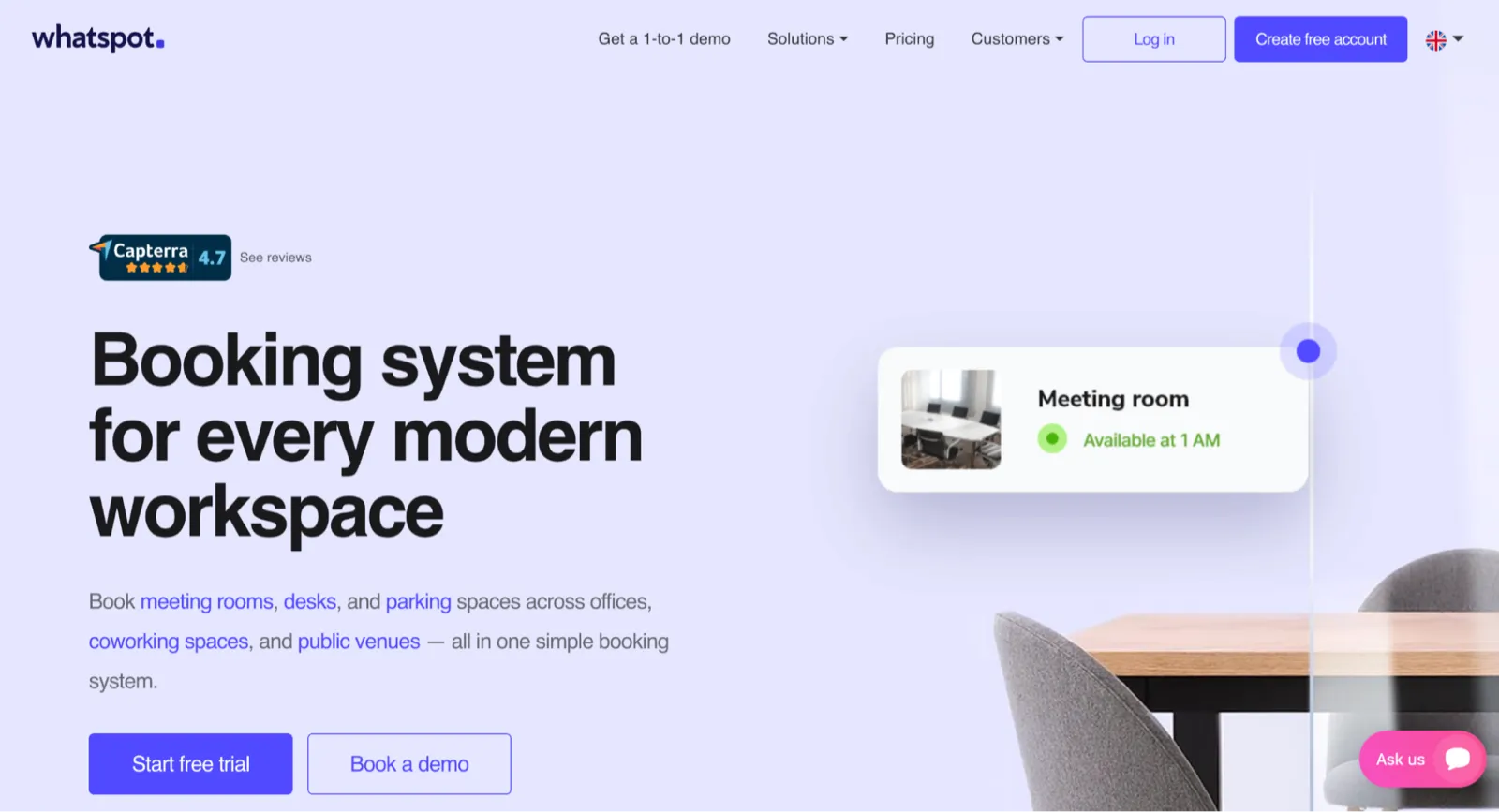 Whatspot booking interface showing resource availability
