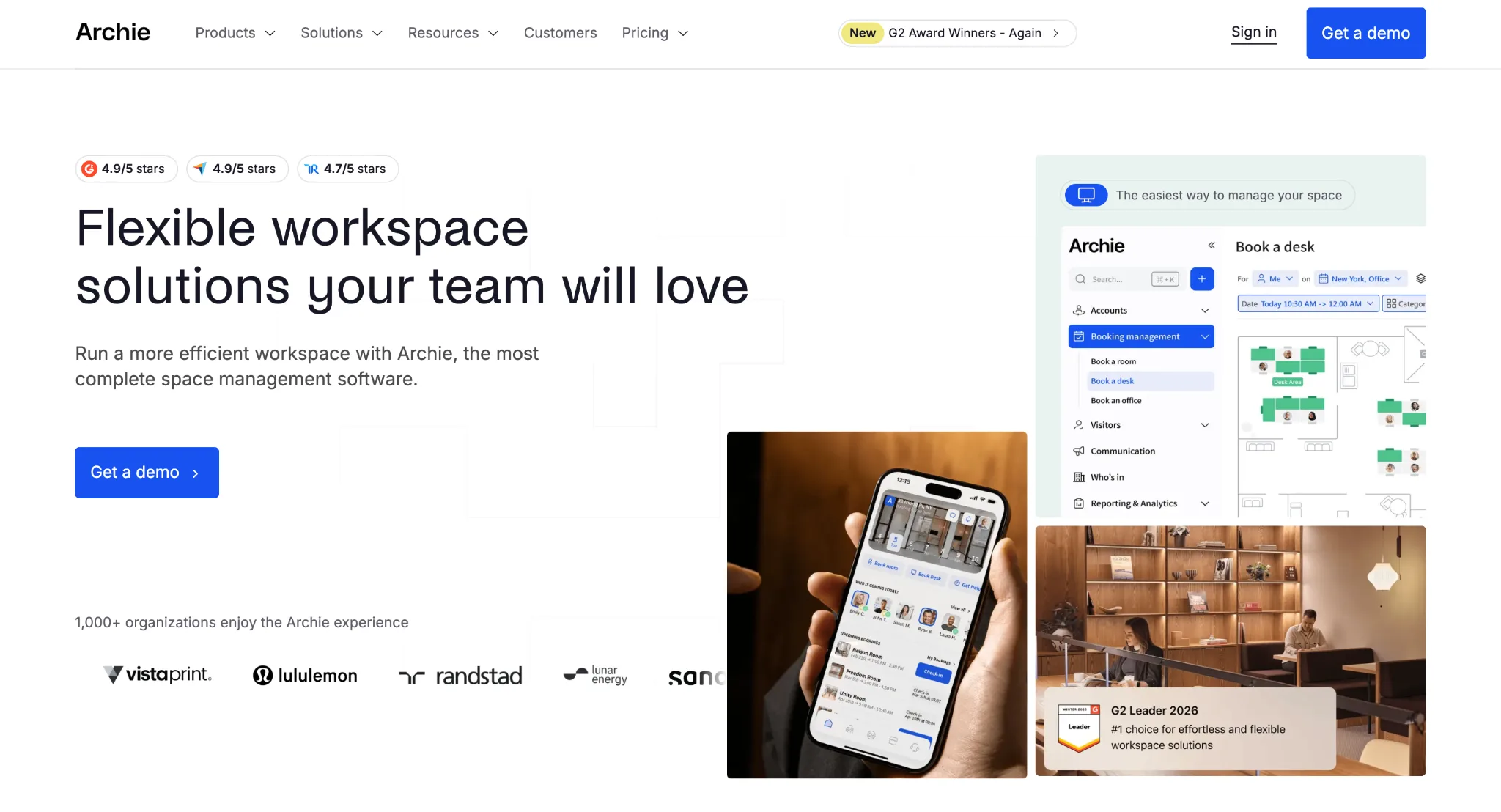 Archie homepage showing its desk booking and coworking management platform