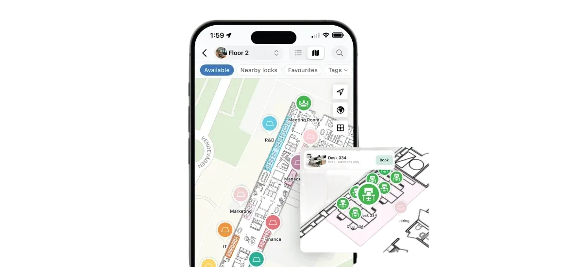 Awaio mobile office map with desk availability and one-tap booking