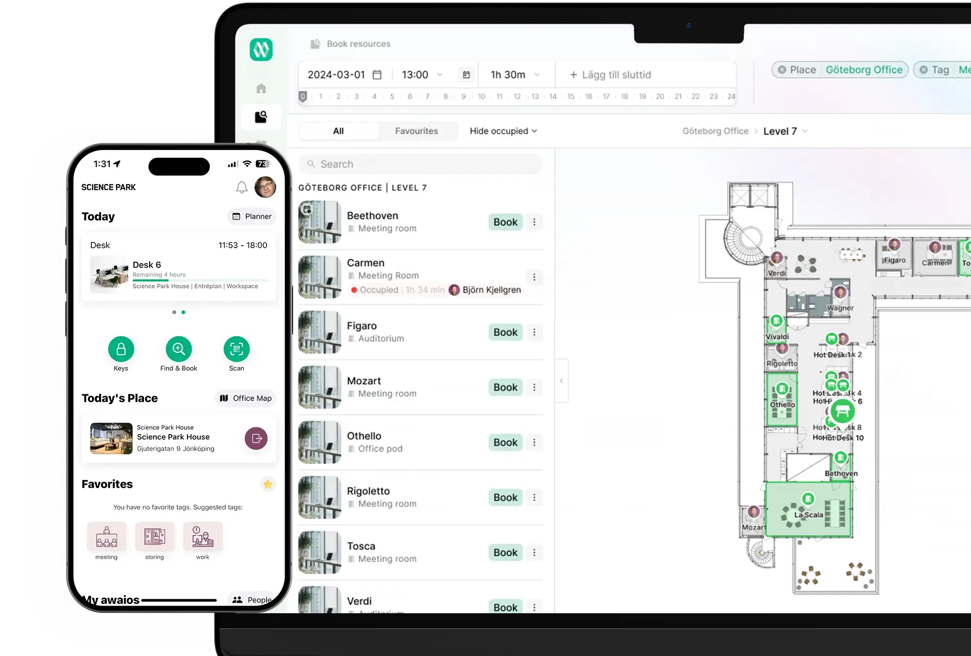 Awaio resource list and interactive office map showing available desks and meeting rooms