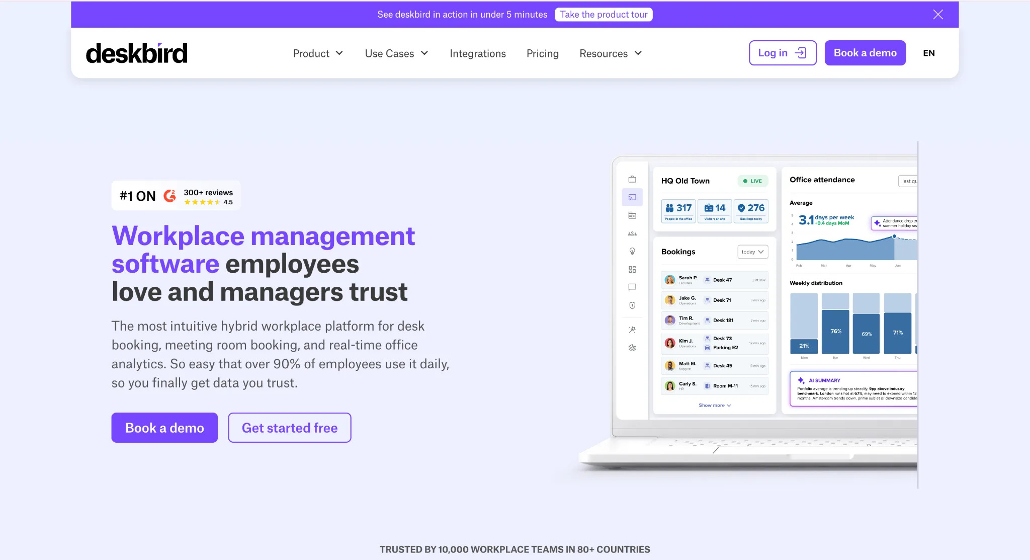 deskbird homepage showing its hybrid workplace management platform