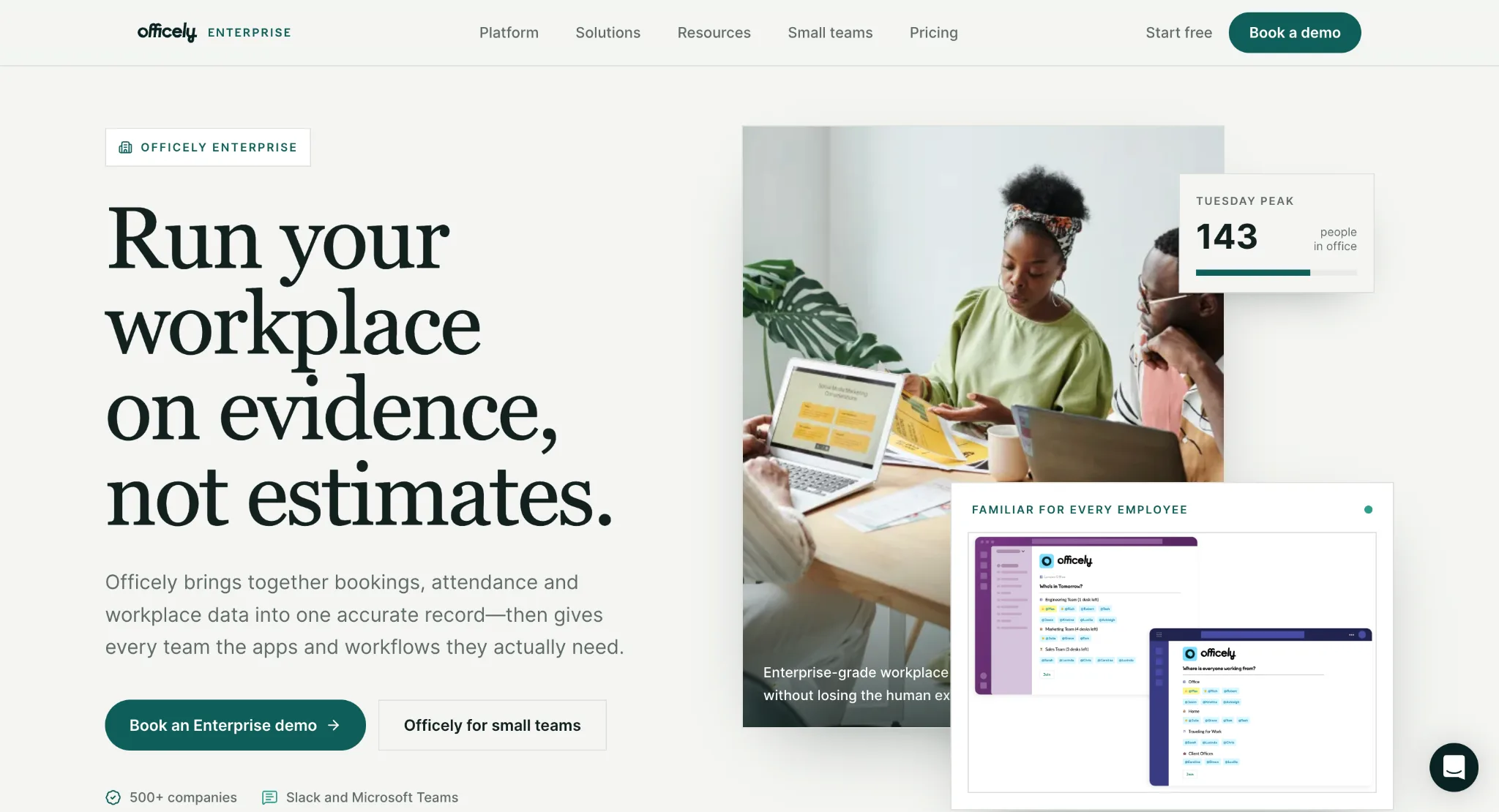 Officely homepage showing desk booking inside Slack and Microsoft Teams