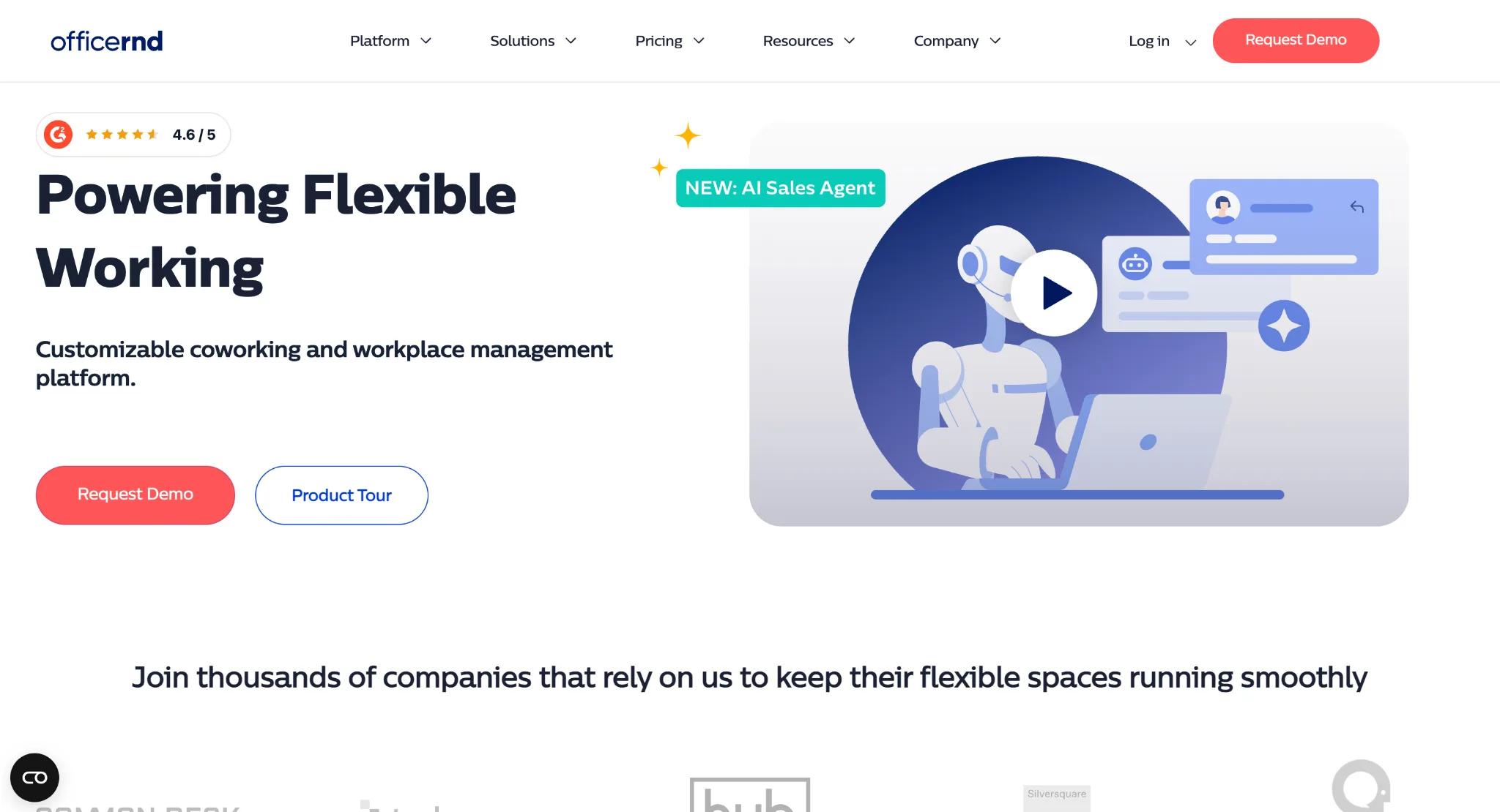 OfficeRnD homepage showing its flexible workplace management platform