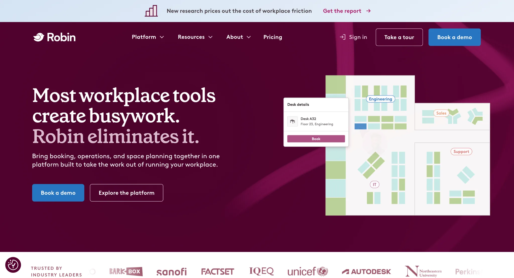 Robin homepage showing its workplace platform for desks, rooms and visitors