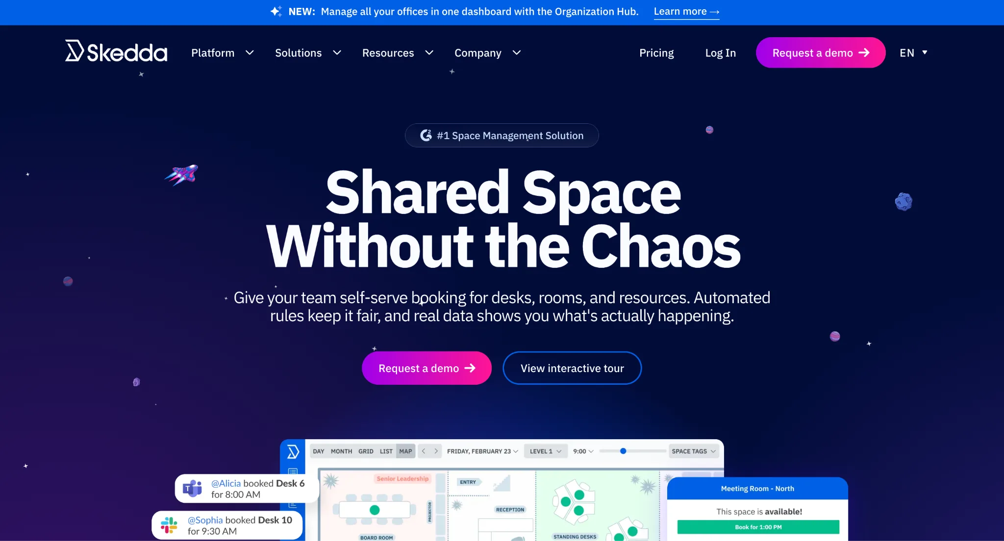 Skedda homepage showing its space and desk booking platform