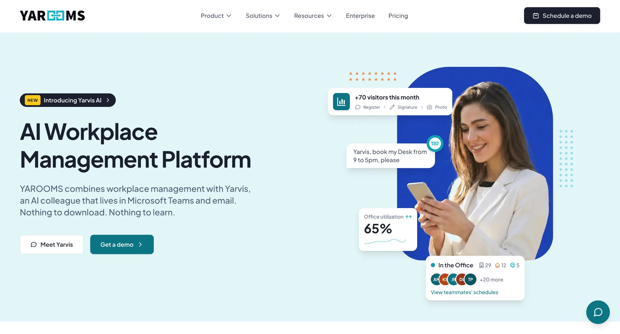 YAROOMS homepage showing its AI workplace management platform