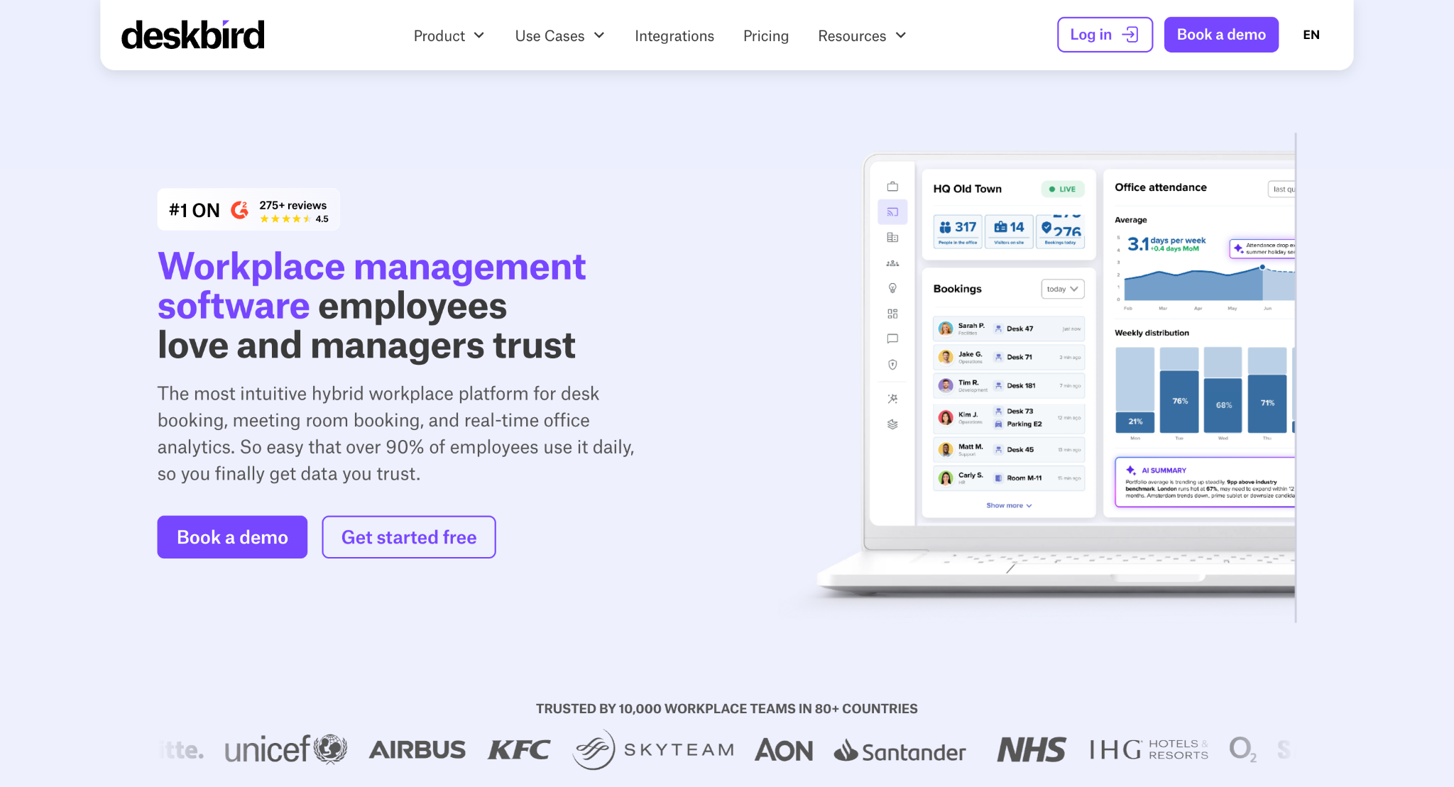 Deskbird homepage: workplace management software