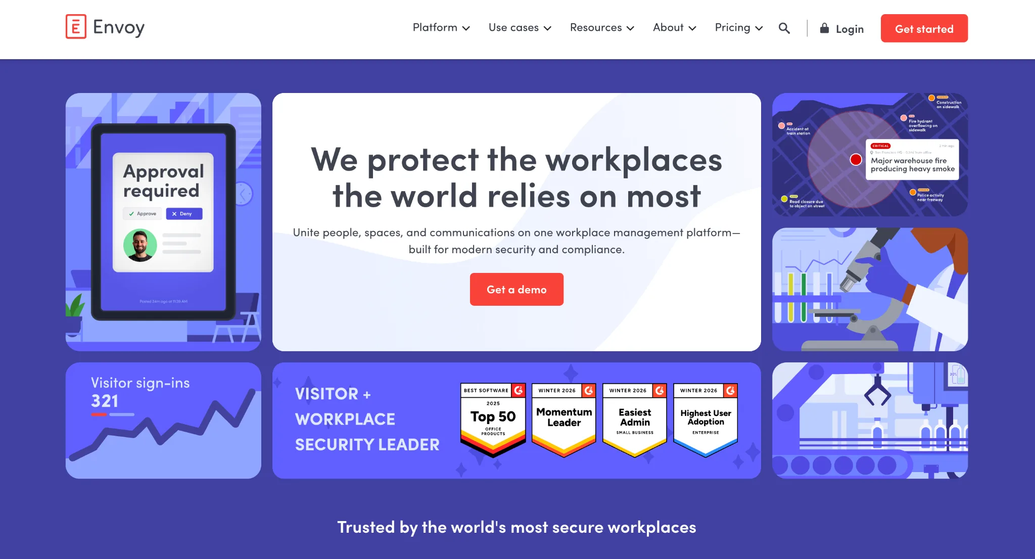Envoy homepage showing its visitor and workplace security platform