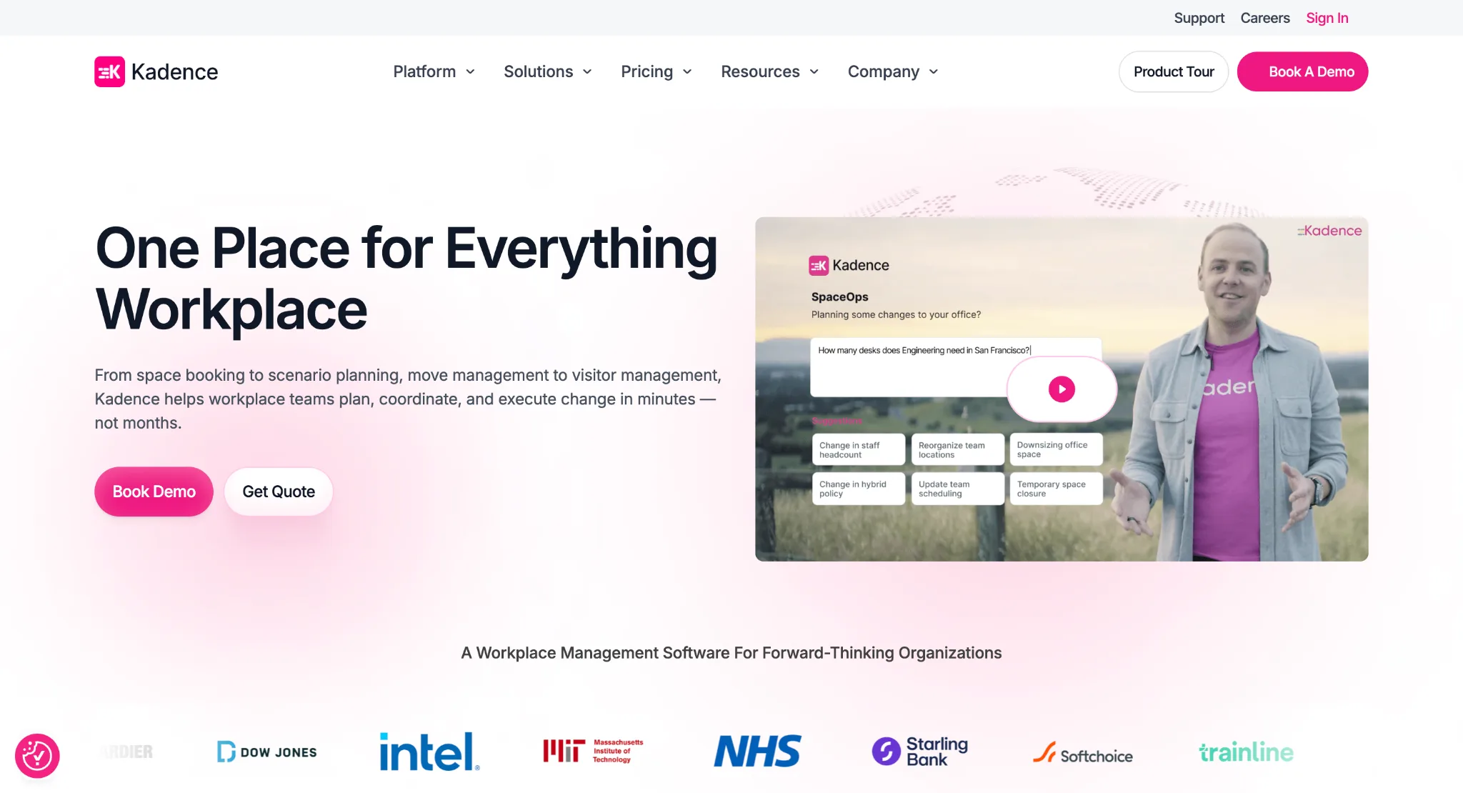 Kadence homepage showing its hybrid workplace coordination platform