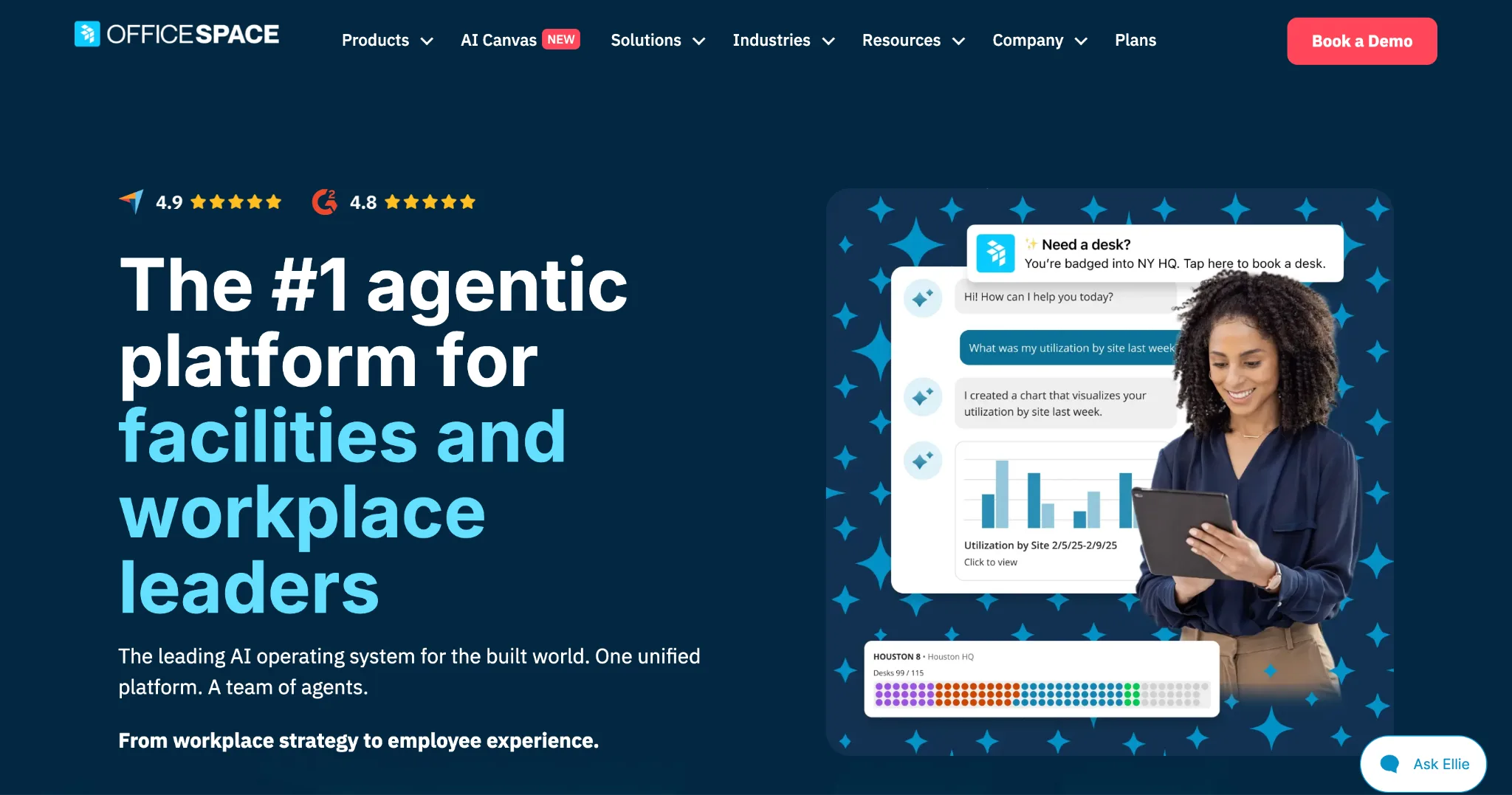 OfficeSpace homepage showing its facilities and workplace platform