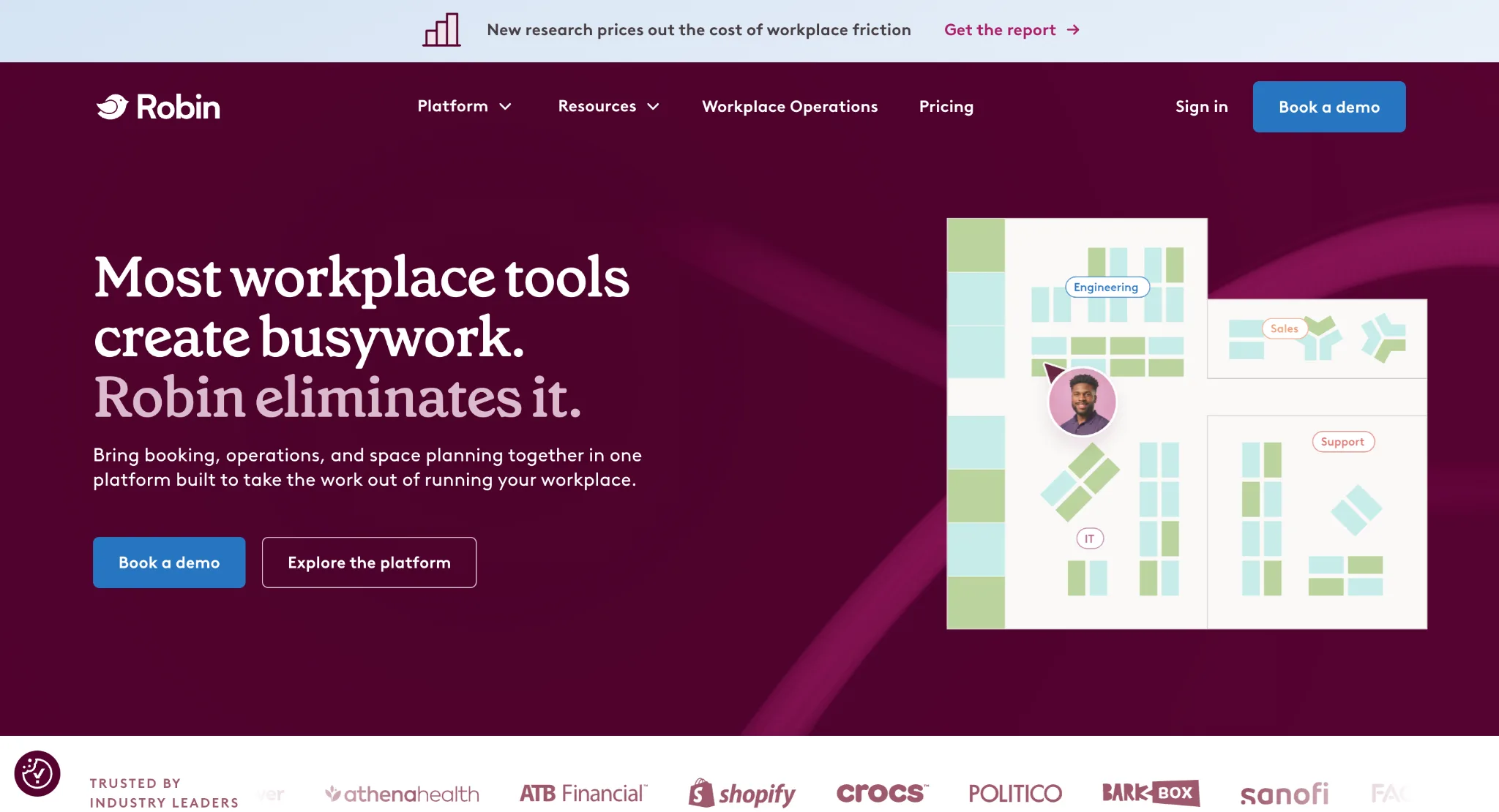 Robin homepage showing its desk and meeting room scheduling platform