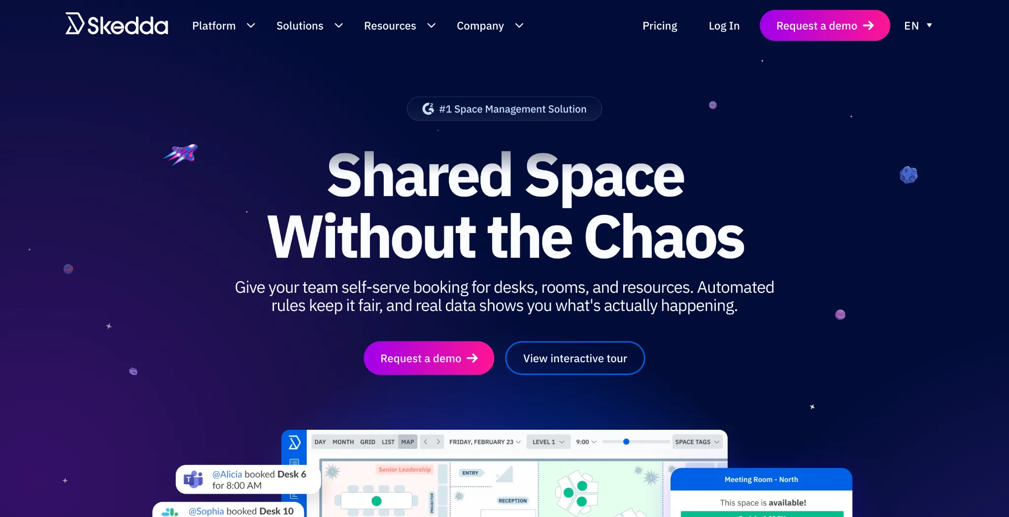 Skedda homepage showing its desk and space booking platform