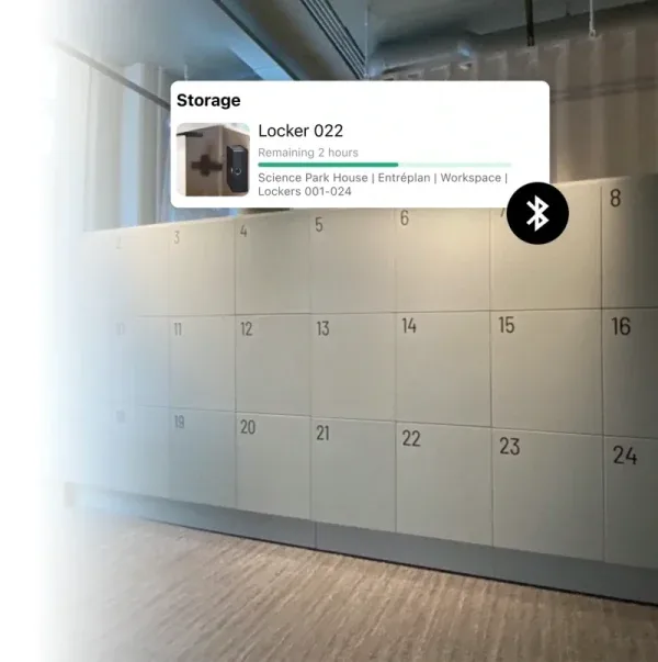 Awaio app showing an active locker booking with Bluetooth unlock available