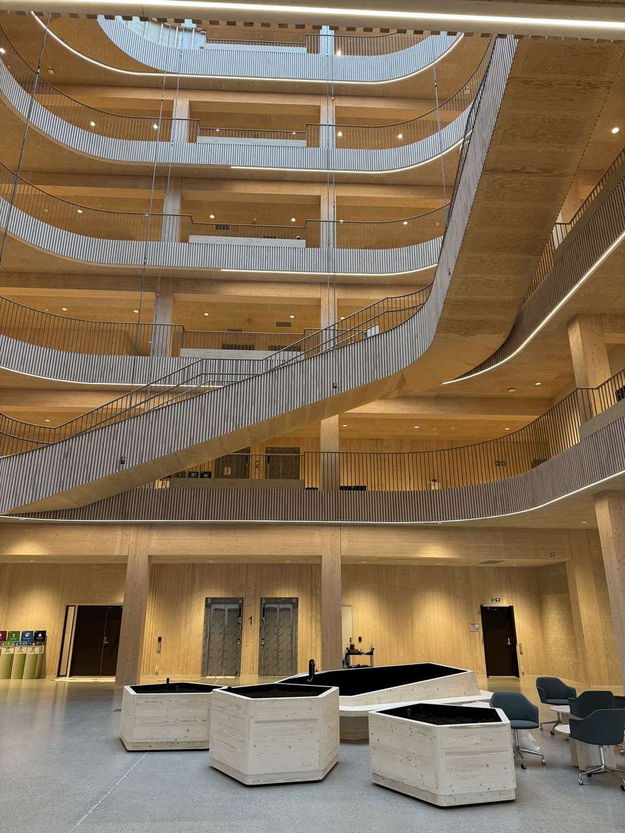 The atrium in Løvold Havpark, with a curved cross-laminated timber staircase running through all six floors