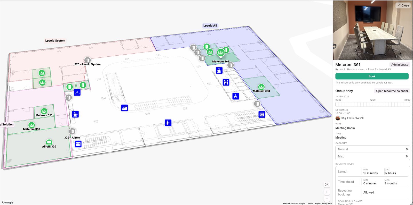 The Awaio app map of floor 3 in Løvold Havpark, with Møterom 361 opened showing photo, occupancy, capacity and booking rules