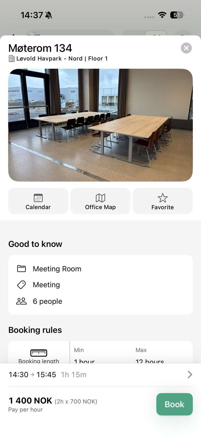 The Awaio app showing Møterom 134 in Løvold Havpark, the same flexible meeting space