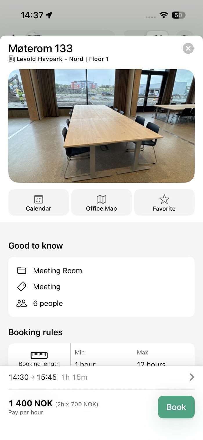 The Awaio app showing Møterom 133 in Løvold Havpark, bookable and paid by the hour