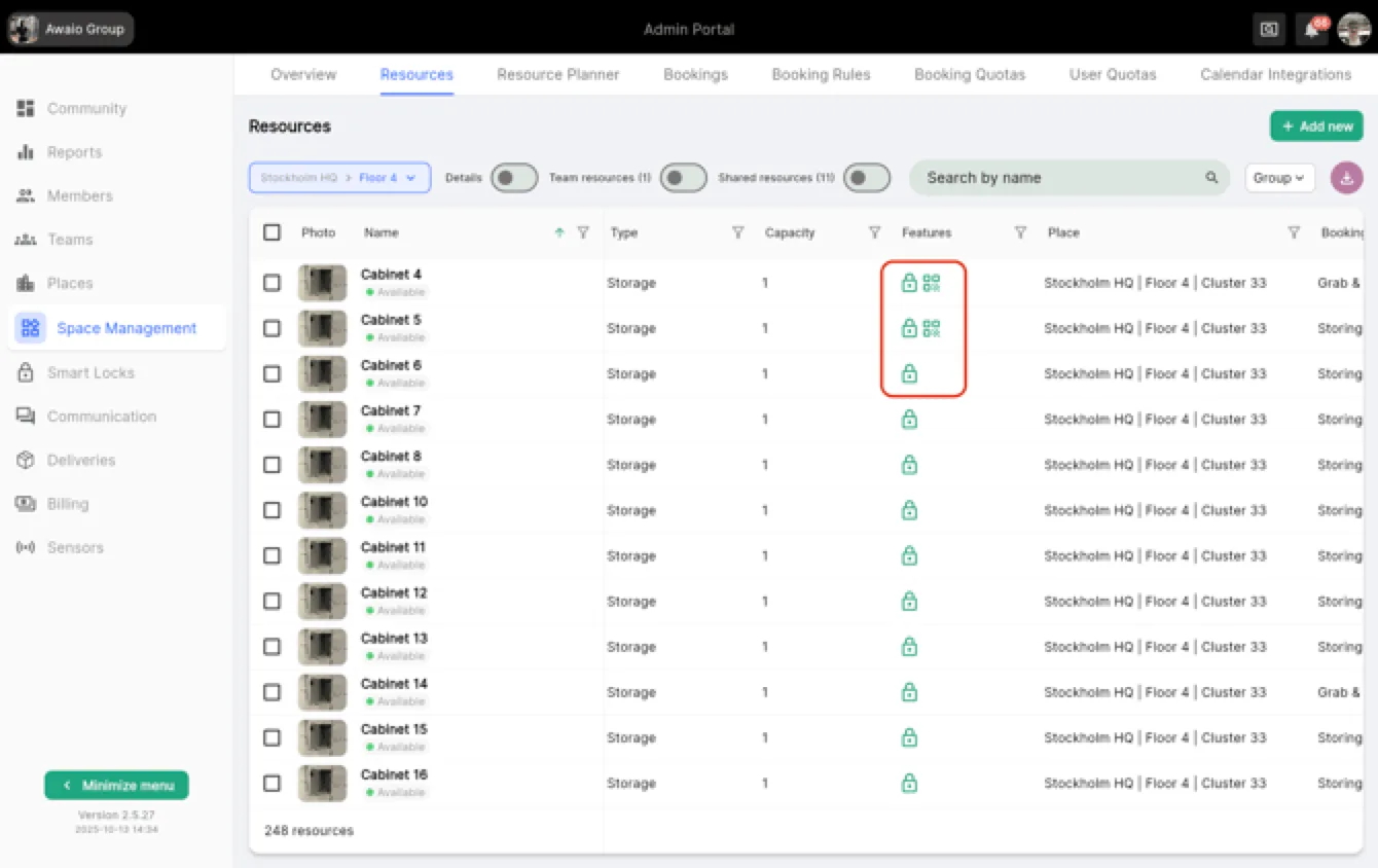 Admin Portal Resources view showing Features column with lock icons