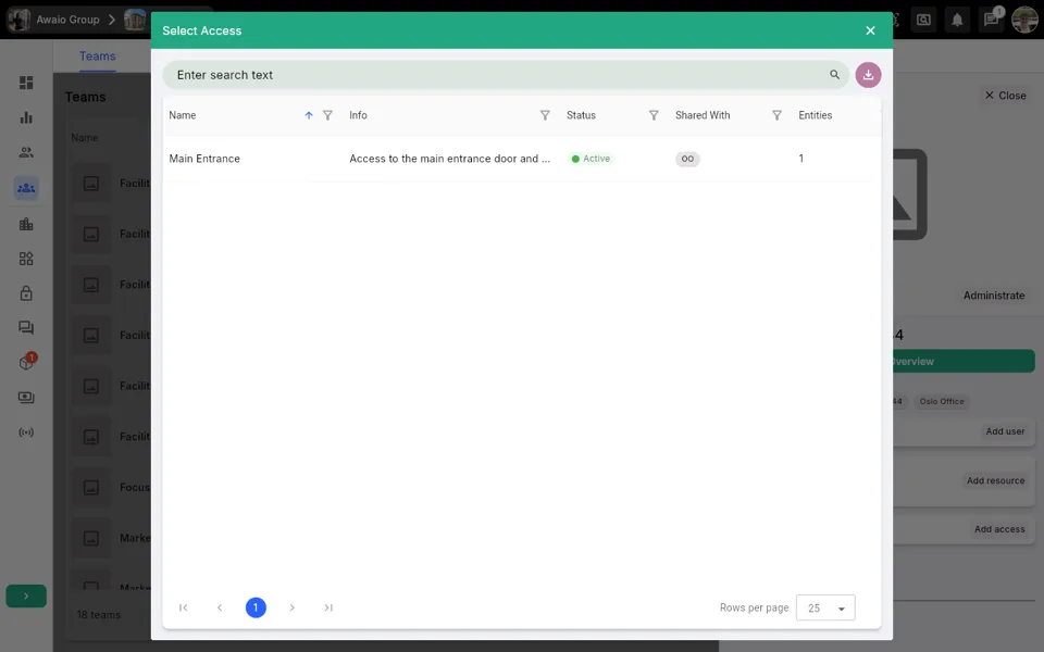 Select Access dialog opened from a team's Access section