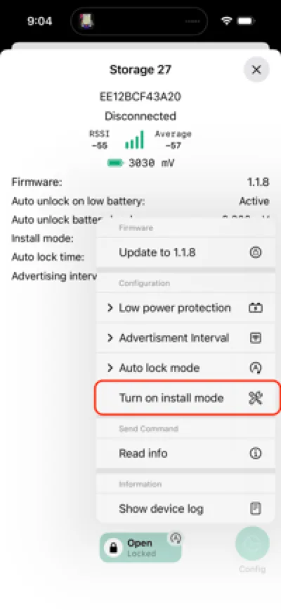 Tap "Turn on install mode" in the lock control panel