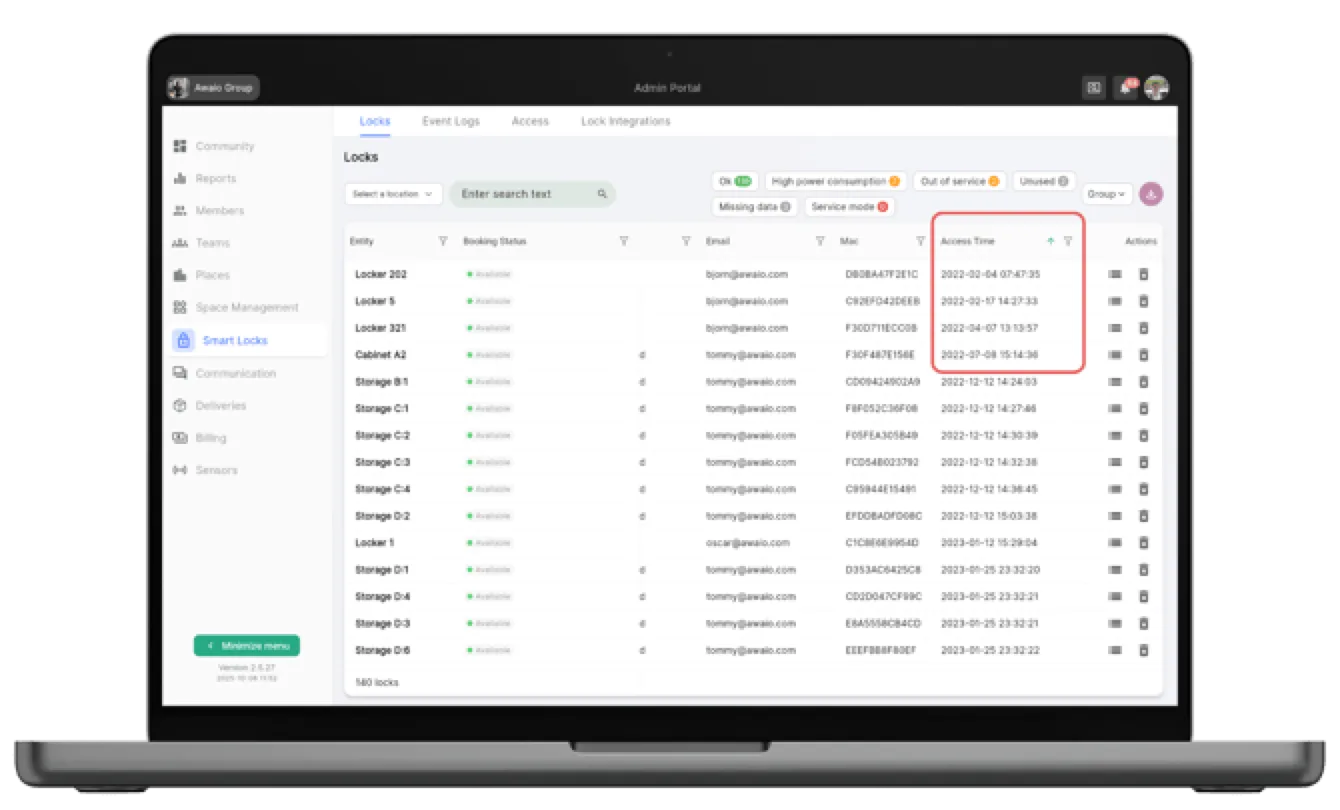 Admin portal filtered by Access time to identify unused lockers