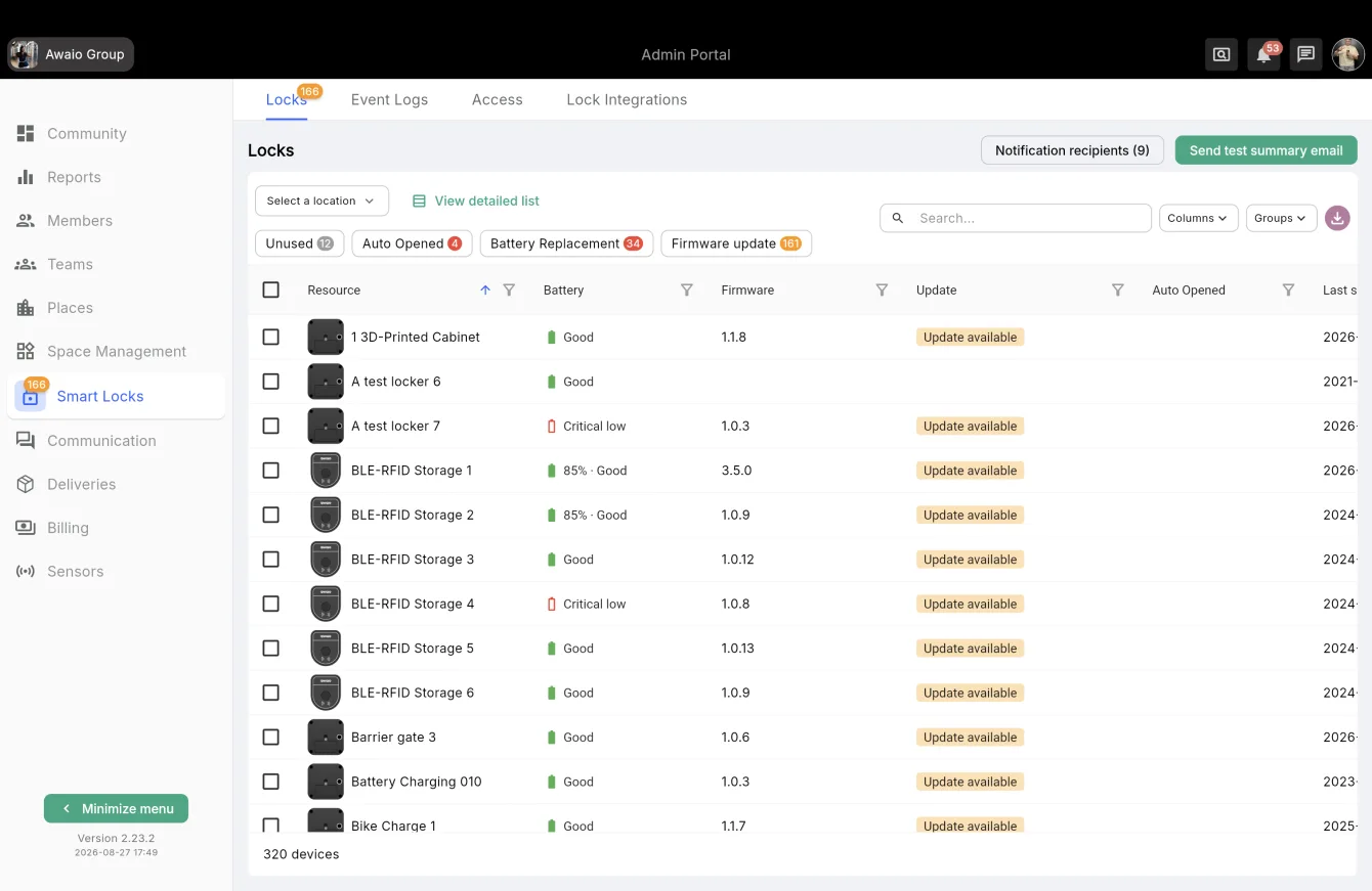 Locks list in the admin portal with battery, firmware and filter chips