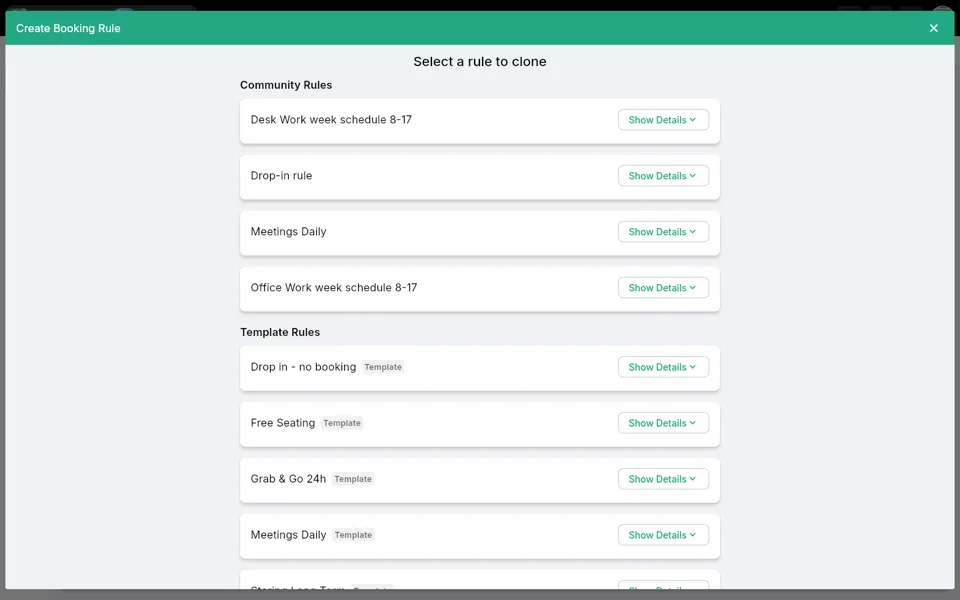 Step 1: Create Booking Rule dialog listing Community Rules and Template Rules