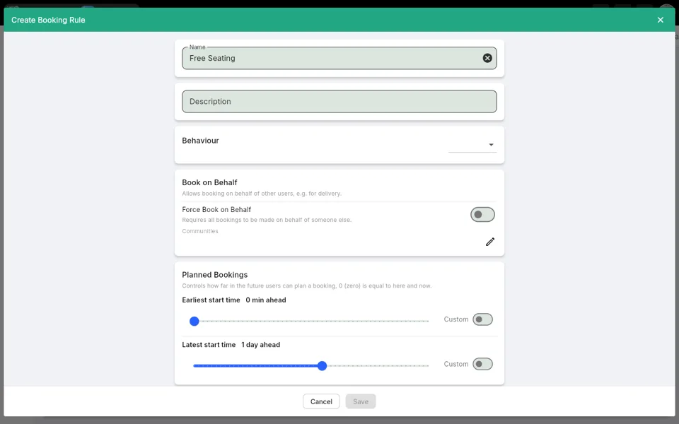 Step 3: Free Seating template opened in the rule editor