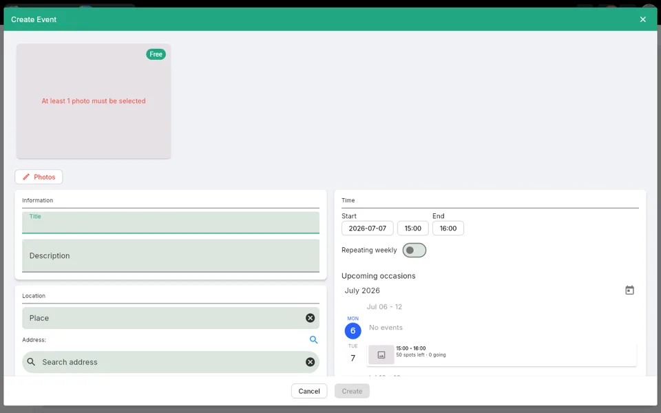 Create Event dialog opens