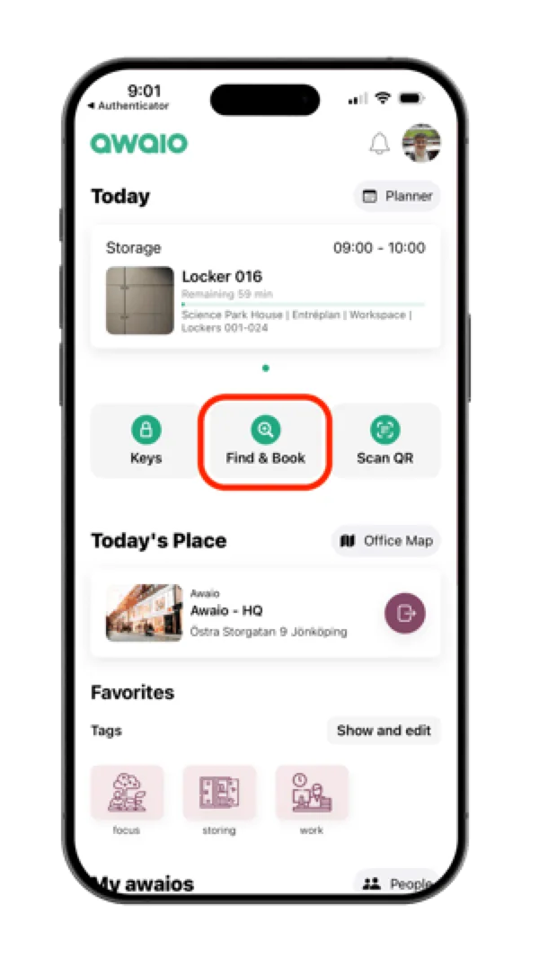 Find and book screen in the Awaio app