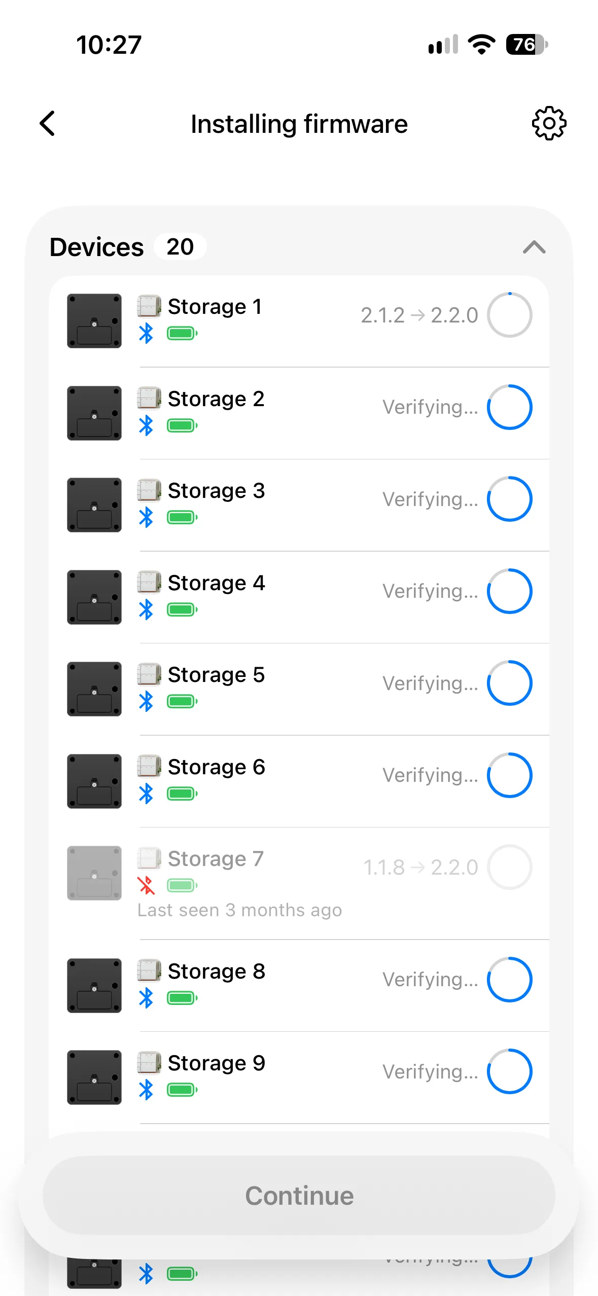 Installing firmware screen with devices verifying the update
