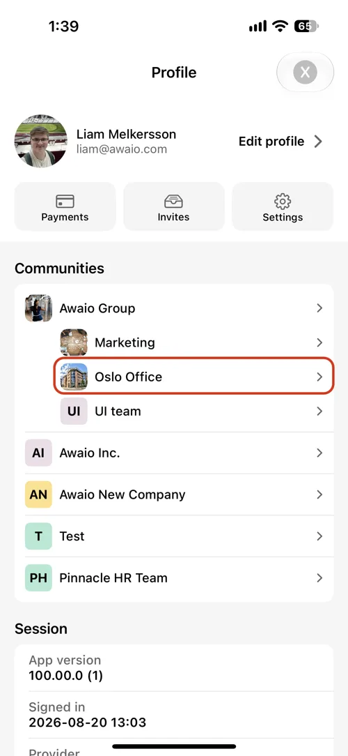 Tap your profile picture and select your community