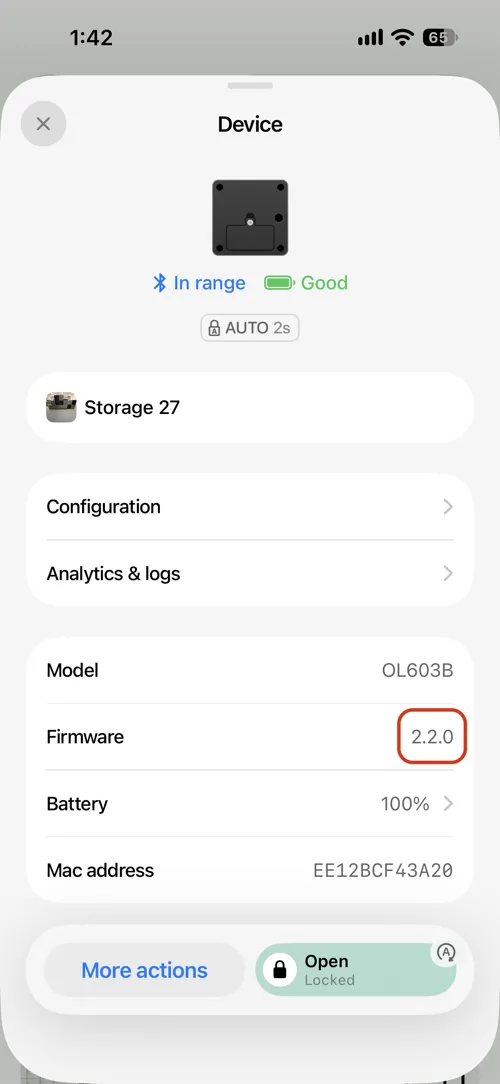 Updated firmware version shown on the device details screen