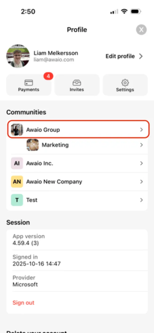Select your community under the Communities tab