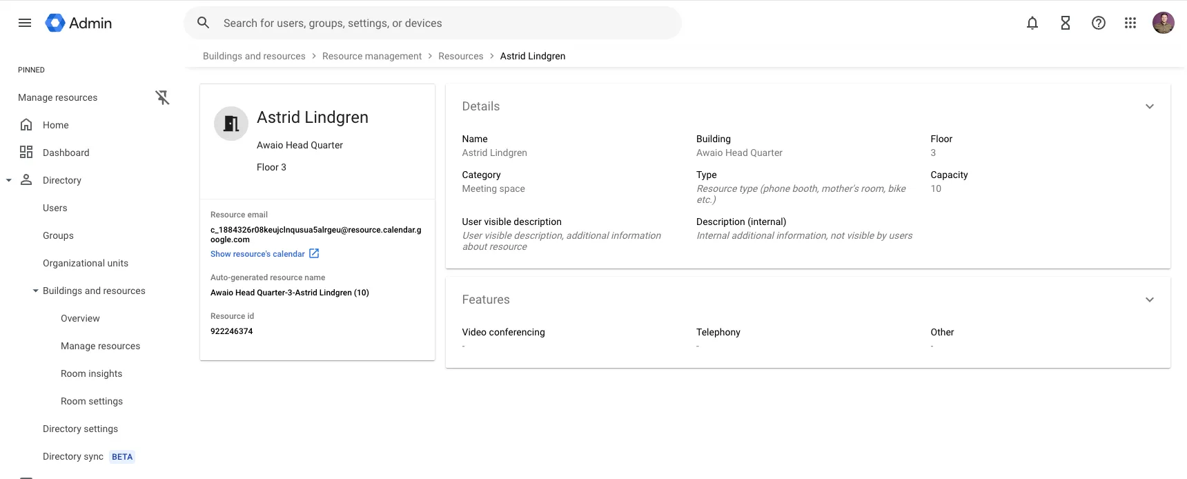Room resource details in the Google Admin Console showing the resource email