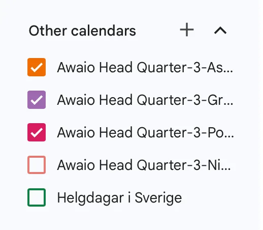 Other calendars list in Google Calendar with room calendars added