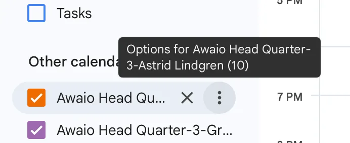 Three-dot options button on a room calendar in the Other calendars list