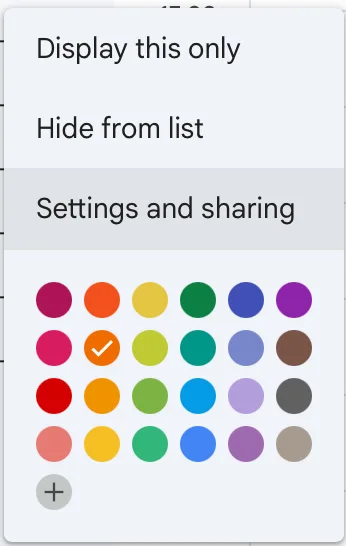 Calendar context menu with Settings and sharing highlighted
