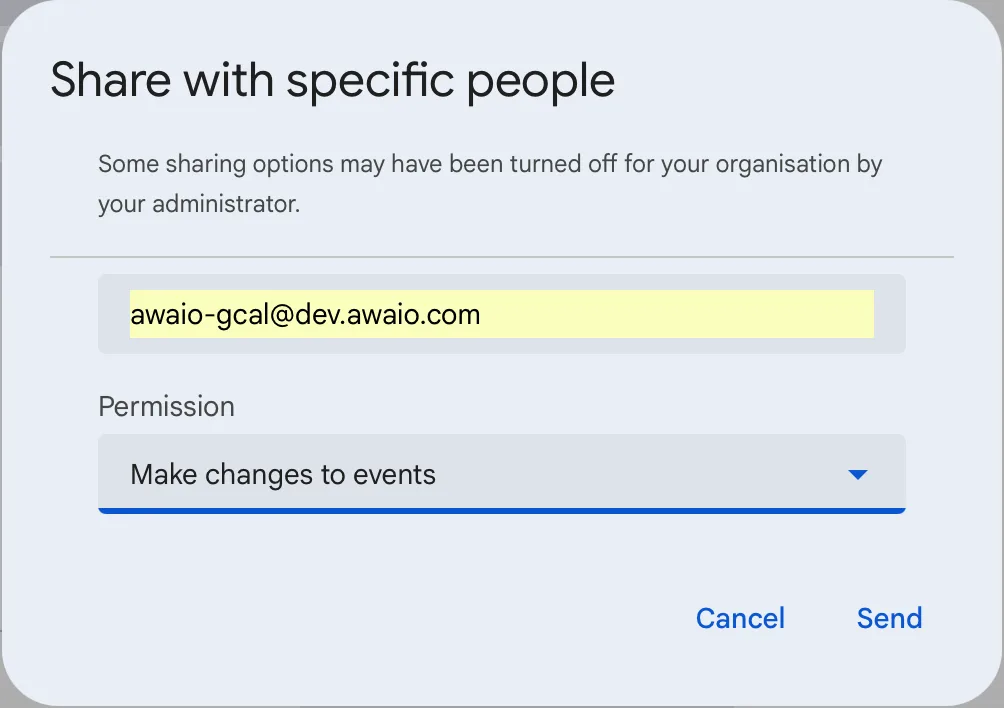 Share with specific people dialog with the service account and Make changes to events permission