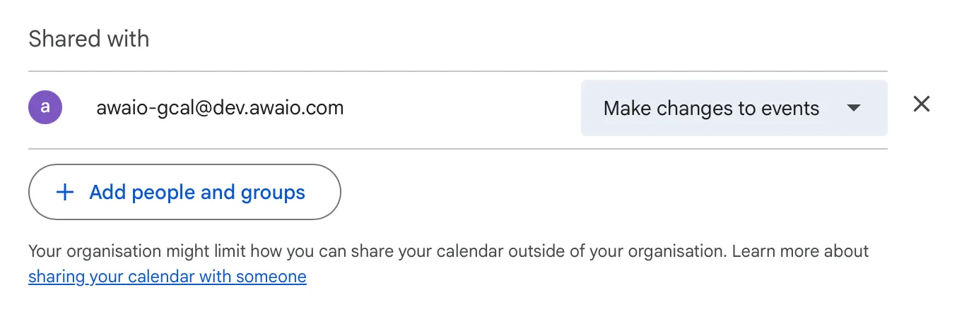 Shared with list showing the service account with Make changes to events