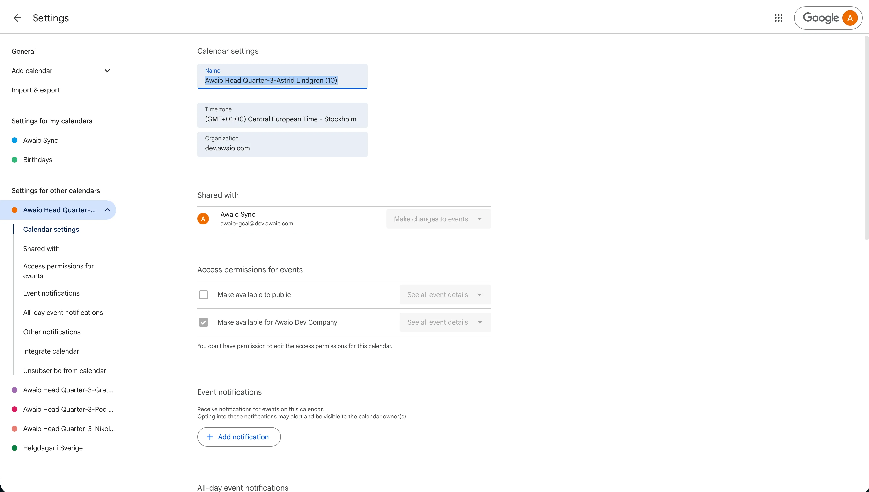 Google Calendar settings page for a room calendar showing the service account under Shared with