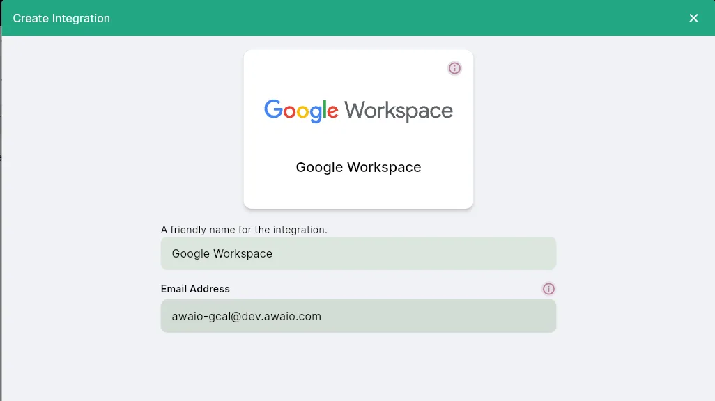 Create Integration form with a friendly name and the service account email address