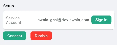 Setup panel with the service account, a Sign In button, and Consent and Disable buttons