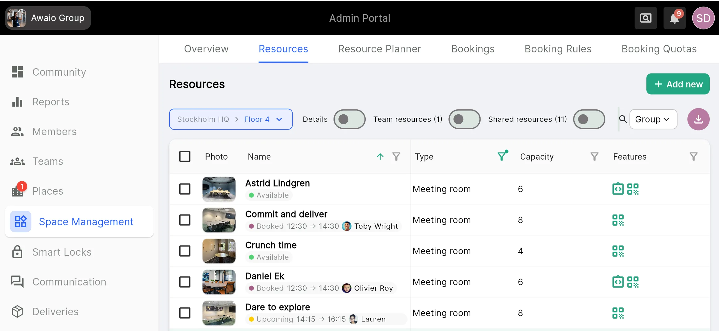 Resources list in the Awaio Admin Portal