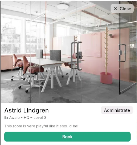 Room detail card with the Administrate button