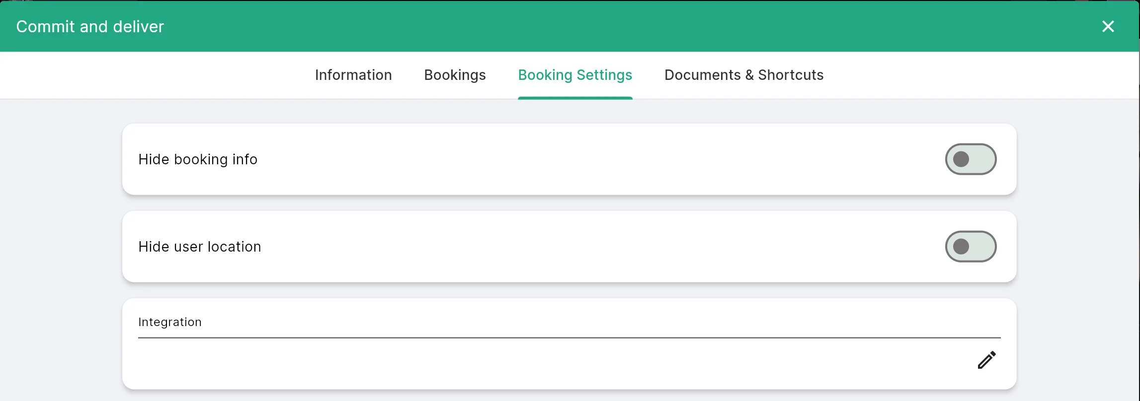 Booking Settings tab with an empty Integration field and a pencil icon
