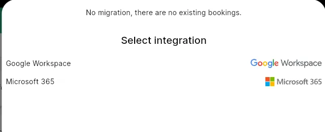 Select integration dialog listing Google Workspace and Microsoft 365